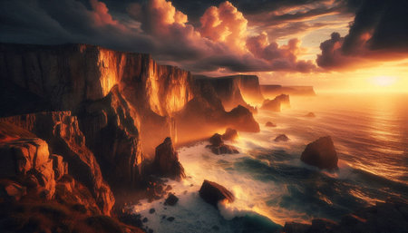 Beautiful seascape. Colorful sunset over the cliffs.の写真素材
