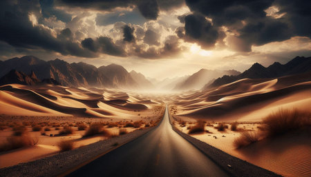 Road through the desert at sunset. 3d rendering, 3d illustration.の写真素材