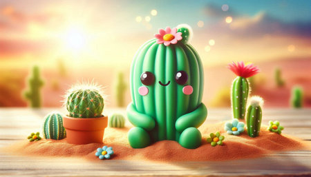 Cactus with flowers on the sand against the background of the desertの写真素材