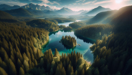 Aerial view of beautiful lake in the mountains. 3d render