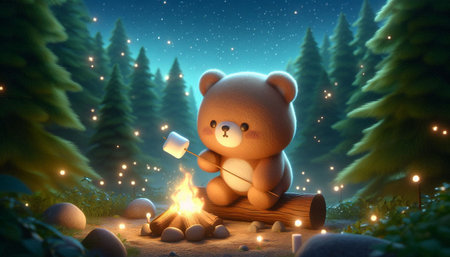 Teddy bear on the bonfire in the forest. 3d illustration