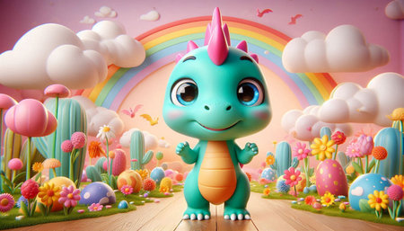 3d render of cute dinosaur in the garden with rainbow and cloudsの写真素材