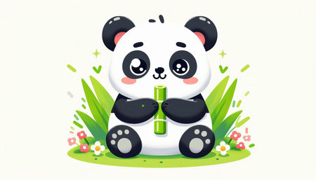 Cute panda sitting on grass and drinking water. Vector illustration.の写真素材