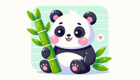 Cute panda with bamboo. Vector illustration in cartoon style.の写真素材