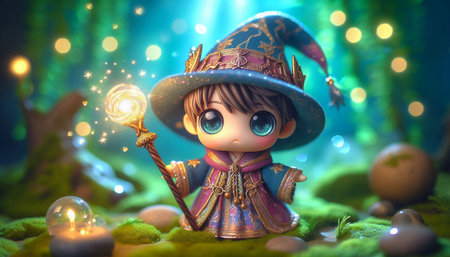 Cute little witch with magic wand in the forest. Fairy tale.の写真素材