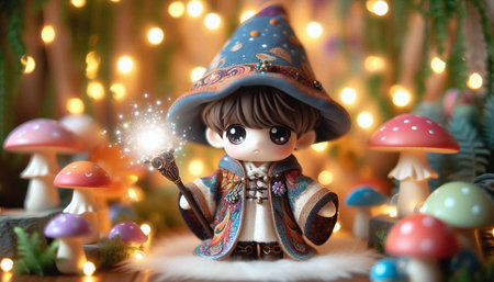toy witch with magic wand and magic mushrooms on bokeh background