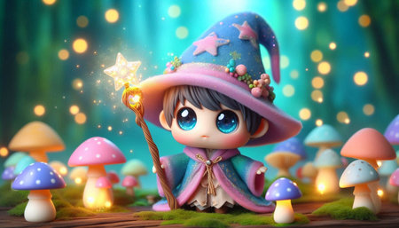 Cute magic fairy with magic wand in the magic forest. 3d illustration.の写真素材