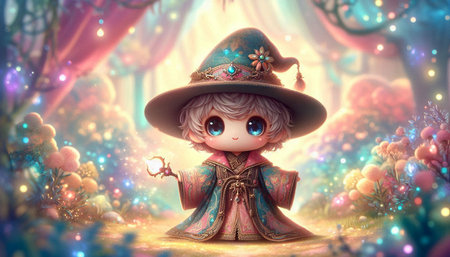 Cute little girl in a magic forest. 3D rendering.の写真素材