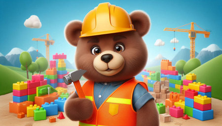 3d rendering of a cute teddy bear construction worker holding a hammer
