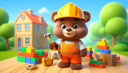 3D rendering of a cute little bear construction worker with construction tools