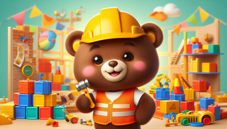 3d illustration of a cute little bear builder with a hammer in his hand