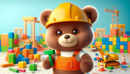 3d rendering of a cute teddy bear construction worker with toys
