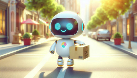 Robot with cardboard box on the street. 3d rendering.の写真素材