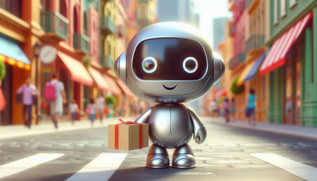 Cute robot with gift box on the street. 3d illustration.の写真素材