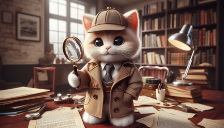 Cute cat detective with magnifying glass sitting in his office.の写真素材