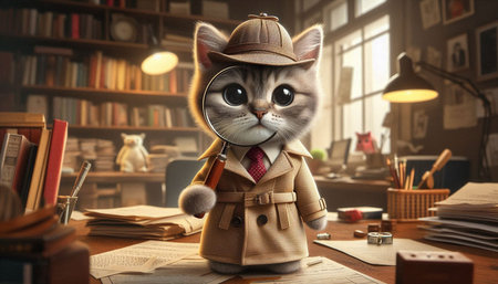 Cute cat with magnifying glass in office, 3d renderingの写真素材