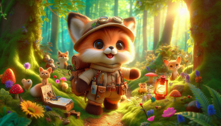 Cute cartoon fox in the forest. 3d render illustration.