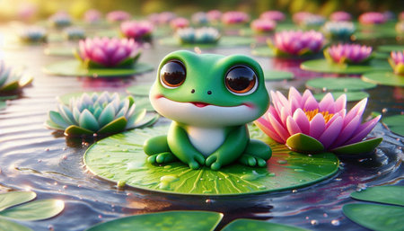 Frog sitting on lotus flower in the pond with sunlight.