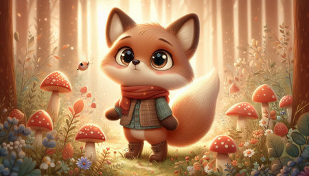 Cute fox in the forest - 3D render. Cartoon illustrationの写真素材