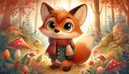 cartoon scene with little fox in the forest - illustration for childrenの写真素材