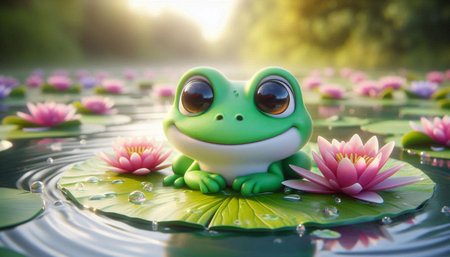 Frog sitting on lotus flower in the pond with sunlight.