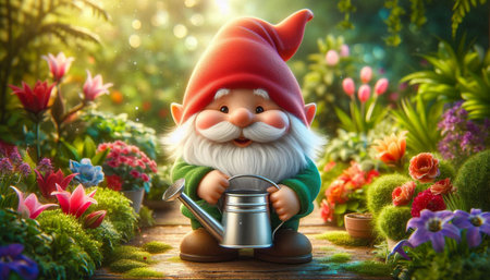 Garden gnome with watering can in the garden. Gardening concept.