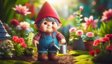 Cute little garden gnome with watering can. Gardening concept.の写真素材