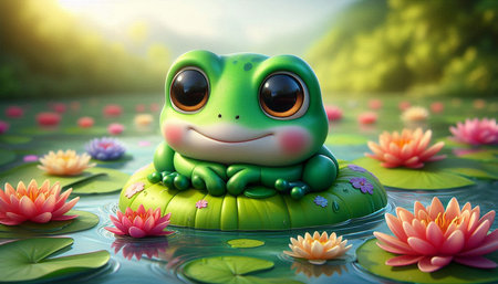 Frog on lotus flower in the pond. 3d renderingの写真素材