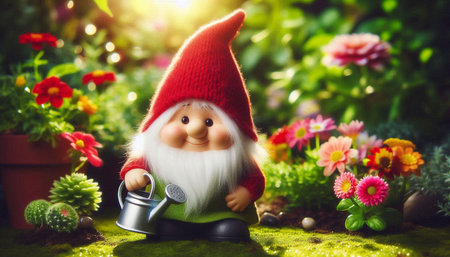 Garden gnome with watering can on green moss and flower backgroundの写真素材