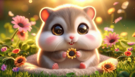 Cute kitten in the grass with flowers. 3d illustration.の写真素材