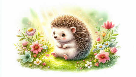 Cute hedgehog with flowers on the meadow. illustration.の写真素材