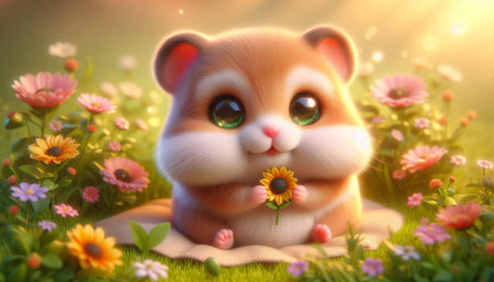 Cute hamster with flowers in the meadow. 3d rendering
