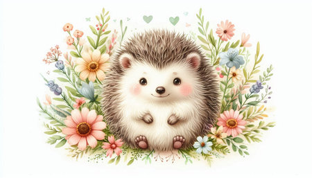 Cute hedgehog with flowers and hearts. Watercolor illustration.の写真素材