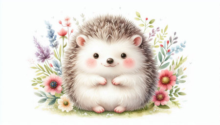 Cute hedgehog with flowers. Watercolor illustration for your designの写真素材