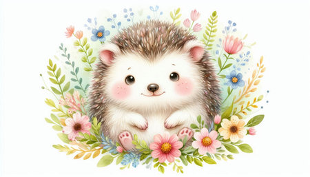 Cute hedgehog with flowers and leaves. Watercolor illustration.の写真素材