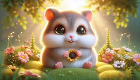 Cute hamster with flowers in the forest. 3d renderingの写真素材
