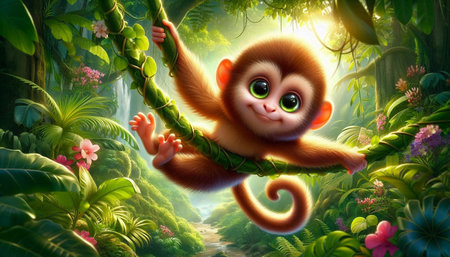 Cute monkey in the jungle. 3D illustration. Nature background.