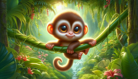 3D rendering of a cute little monkey sitting on a branch in the jungle