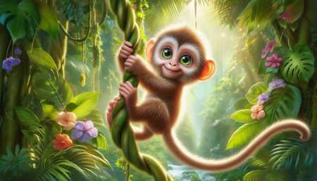 Cute cartoon monkey in the jungle. 3d rendering. Computer digital drawing.
