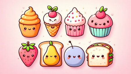 Cute kawaii food icons set. Vector illustration. Kawaii cartoon style.