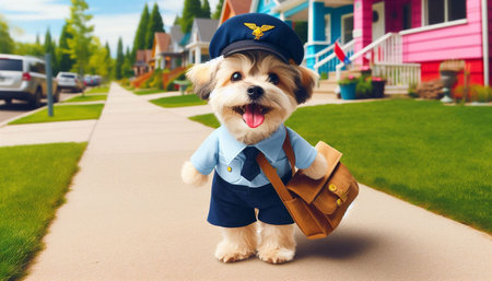 Cute dog dressed as a pilot with a briefcase in his hand.