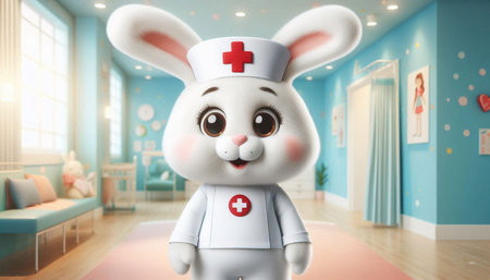 Cute cartoon rabbit doctor in hospital room. 3d rendering.