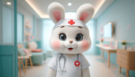 Cute plush bunny with stethoscope in hospital. 3d rendering