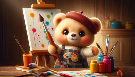 Teddy bear artist with paintbrush and easel on wooden backgroundの写真素材