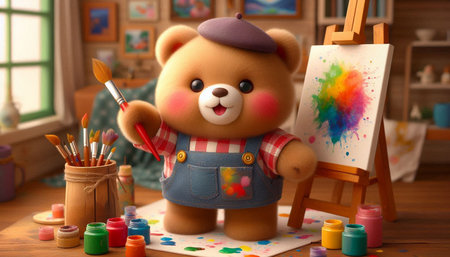 Teddy bear with a palette of paints and brushes on the tableの写真素材