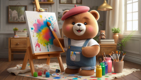 Teddy bear in a cap on the background of an easel