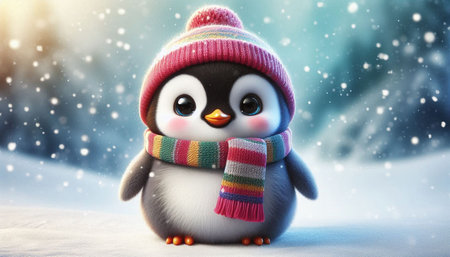 Cute little penguin in warm hat and scarf on snowy background