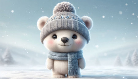 Cute teddy bear in winter snowy landscape. 3d illustration.