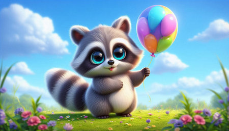 Cute raccoon with balloons in the meadow - 3D renderの写真素材