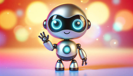 Cute little robot on colorful bokeh background. 3d illustration